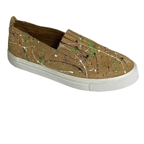 Minnetonka Beige Leather Slip On Sneaker w/ Multi Color Paint Splatter Size 6.5 - Picture 6 of 10